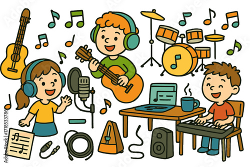 Home Music Recording Doodles. Colorful Hand-drawn doodle Children illustration Recording music at home [microphone, pop filter, headphones, guitar, drum set,