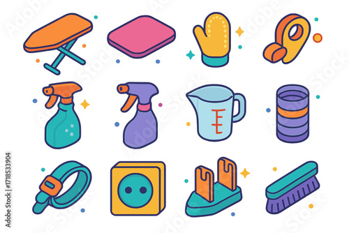 Ironing Accessory Icons. Colorful isometric vector icons set of ironing accessories: ironing board, ironing mat, heat-resistant glove, cord holder clip, steam