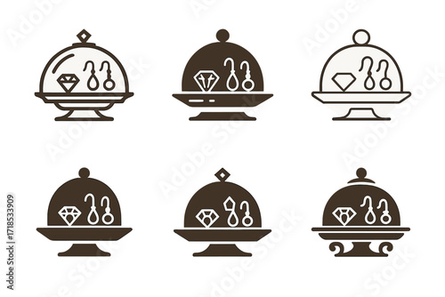 Jewelry Tray Logos. jewelry tray. Set Logo of jewelry tray: luxury tray with assorted jewels. harmonious logo variations of the same emblematic concept, each