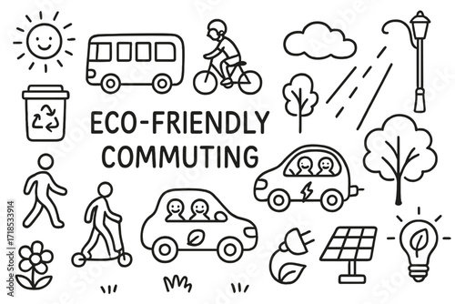 Eco Commuting Icons. Hand-drawn doodle illustration Eco-friendly commuting [bus, bicycle, scooter, pedestrian, carpool, electric car, tree, recycling bin,