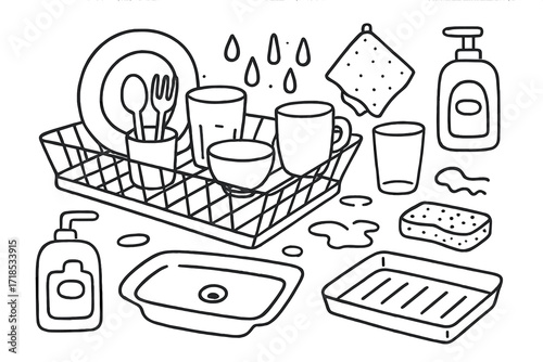 Dish Rack Doodles. Hand-drawn doodle illustration Dish rack [dish rack, plate, bowl, spoon, fork, knife, glass, mug, drying towel, soap bottle, sink, sponge,