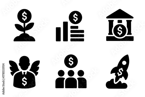 Funding Stages Icons. Solid, filled icon set of funding stages: seed funding, series A, series B, series C, IPO, angel investor, crowdfunding, accelerator.