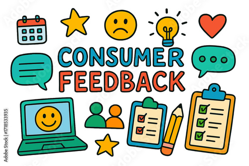 Colorful Feedback Doodles. Consumer Feedback. Colorful Hand-drawn doodle Children illustration survey paper, chat bubbles, happy face, sad face, star, heart,