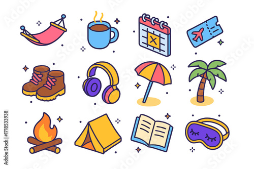 Work Break Icons. Work break. Colorful isometric vector icons set of work break: hammock, coffee cup, calendar with break mark, plane ticket, hiking boots,