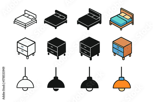 Minimalist Bedroom Icons. Icon Set of Minimalist Bedroom: Platform bed, Nightstand, Pendant lamp. Icons set in vector style, emblematic variations. Platform
