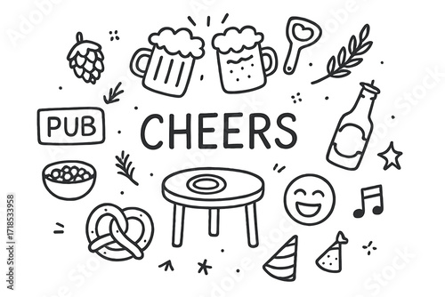 Cheers Doodle Icons. Hand-drawn doodle illustration [Cheers with beer mugs] [beer mugs clinking, foam, bottle opener, pub sign, cheers text, barley, hop cone,