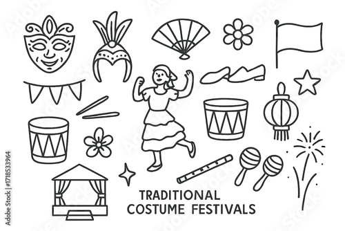 Traditional Festival Icons. Hand-drawn doodle illustration traditional costume festivals mask, headdress, fan, flower, dancer, drum, banner, flag, shoes,