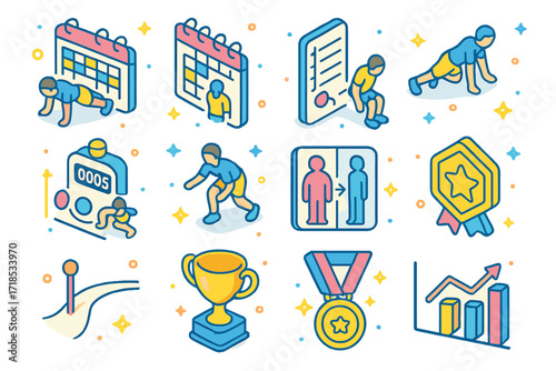 Fitness Challenge Icons. Colorful isometric vector icons set of Fitness Challenge Icons: -day plank chart, squat challenge calendar, push-up tracker, wall sit