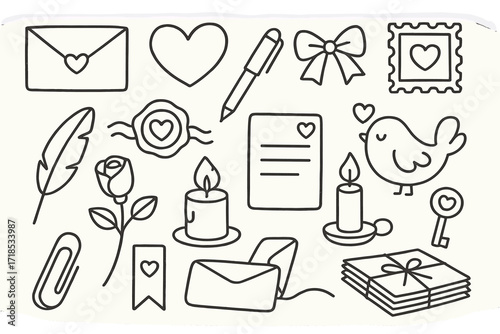 Love Note Doodles. Hand-drawn doodle illustration [Love note exchange] [envelope, heart, pen, paper, wax seal, ribbon, stamp, quill, rose, candle, lovebird,