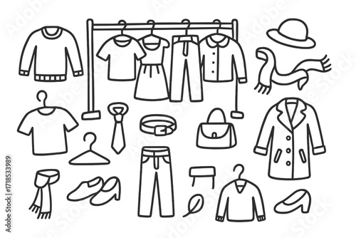 Clothing Shop Icons. Hand-drawn doodle illustration Clothing shop hanger, rack, shirt, dress, pants, blouse, jacket, shoes, tie, scarf, hat, handbag, belt,