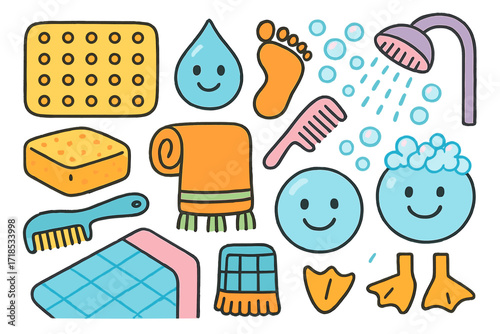 Playful Bath Time. Colorful Hand-drawn doodle Children illustration Non-slip bath mat dots, rubber surface, suction cups, smiling water droplet, footprints,