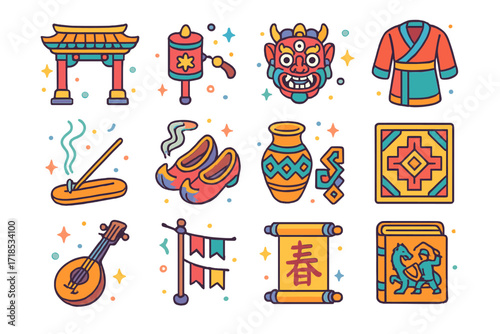 Cultural Icon Collection. Colorful isometric vector icons set of Cultural excursion: temple gate, prayer wheel, festival mask, traditional costume, incense