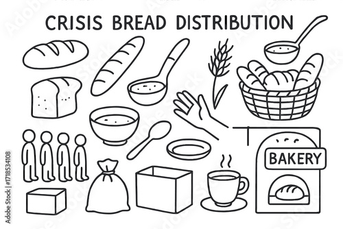 Bread Distribution Doodle. Hand-drawn doodle illustration Crisis bread distribution [loaf of bread, baguette, soup bowl, ladle, spoon, basket, wheat stalk,
