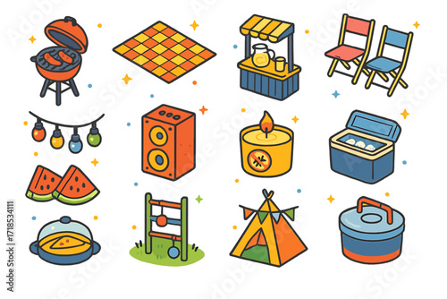 Backyard Party Icons. Colorful isometric vector icons set of Backyard Family Party: outdoor grill, picnic blanket, lemonade stand, folding chairs, party