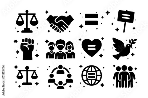 Social Equality Icons. Social Equality. Solid icons set of justice scale, handshake, equality symbol, protest sign, raised fist, diverse group, heart with