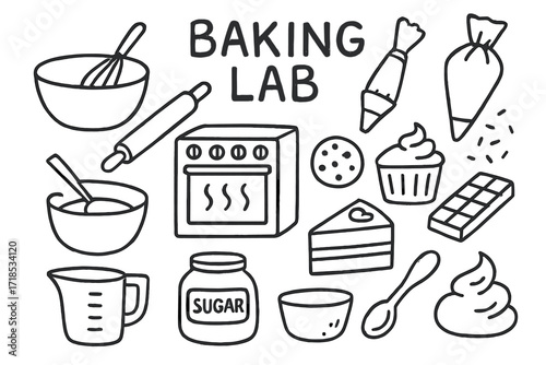 Baking Essentials Doodle. Hand-drawn doodle illustration Baking lab, mixing bowl, whisk, rolling pin, piping bag, oven, cupcake, cake slice, chocolate bar,