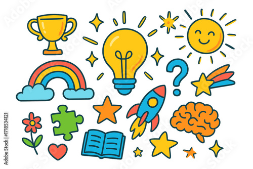 Fun Eureka Moment. Colorful Hand-drawn doodle Children illustration Eureka Moment [light bulb, sparkles, rainbow, trophy, book, smiling sun, puzzle piece,