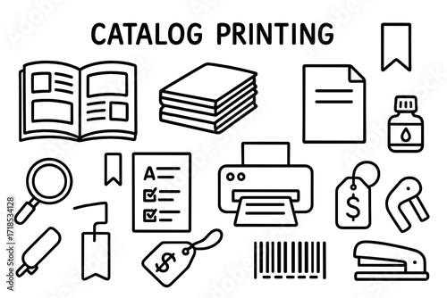 Catalog Printing Elements. Catalog Printing. Hand-drawn doodle illustration open catalog, stack of catalogs, cover page, bookmark, paper sheets, printer, ink