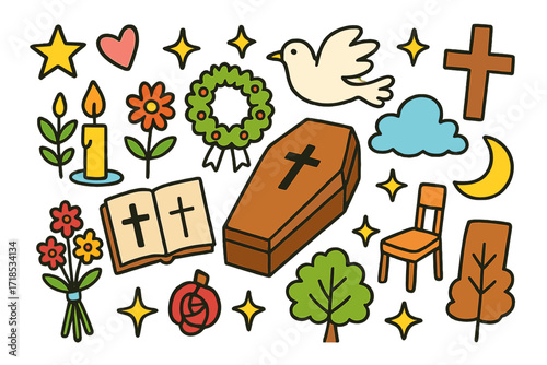 Colorful Funeral Doodles. Funeral. Colorful Hand-drawn doodle Children illustration coffin, flower, candle, book, cross, star, heart, sparkle, dove, cloud,