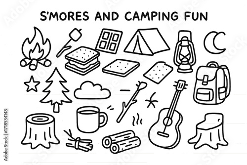 Camping Doodles. Hand-drawn doodle illustration S?mores and camping fun [campfire, marshmallow on stick, chocolate bar, graham cracker, tent,