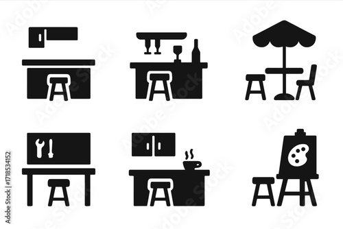 Stool Icon Grid. Solid, filled icon set of stool environments: kitchen island, bar counter, workshop, makeup table, patio, office break room, cafe, art studio.