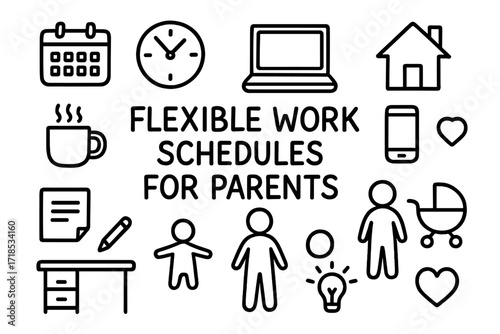Flexible Work Doodle. Hand-drawn doodle illustration Flexible work schedules for parents [calendar, clock, laptop, smartphone, coffee mug, child figure, parent