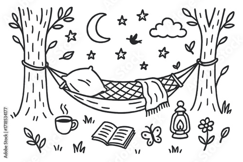 Hammock Under Stars. Hand-drawn doodle illustration Hammock under stars [hammock, pillow, blanket, tree, crescent moon, star, cloud, bird, book, lantern,