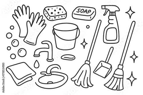 Daily Cleaning Essentials. Hand-drawn doodle illustration Everyday use rubber gloves gloves, sponge, soap bar, spray bottle, bucket, mop, broom, dustpan,