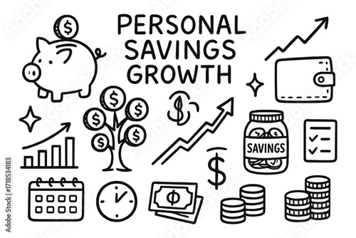 Savings Growth Doodle. Hand-drawn doodle illustration Personal Savings Growth [piggy bank, tree with coins, upward arrow, wallet, savings jar, chart, star,