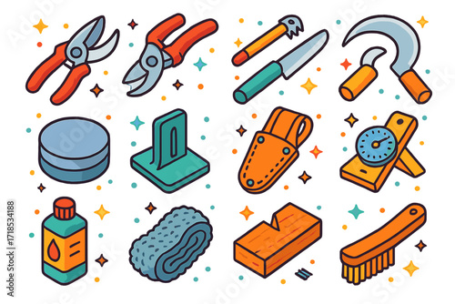 Colorful Pruning Tools Icons. Colorful isometric vector icons set of pruning tools and sharpening: bypass pruners, anvil pruners, pole saw, curved blade,