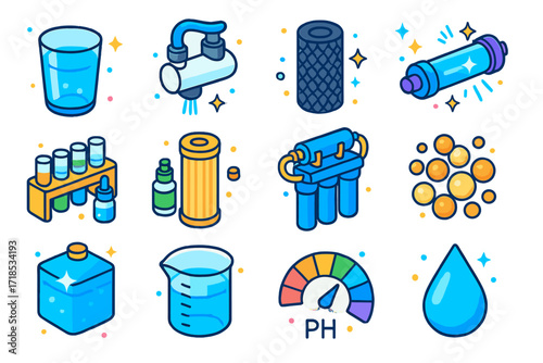 Water Filtration Icons. Colorful isometric vector icons set of water purity and filtration: glass of filtered water, faucet filter, carbon block, UV purifier,