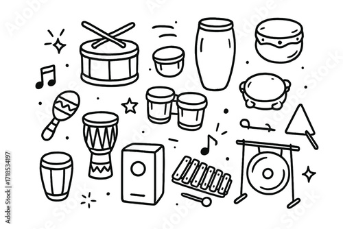 Percussion Instruments Doodle. Hand-drawn doodle illustration Percussion instruments collection [drum, conga, bongo, djembe, tambourine, cymbals, triangle,