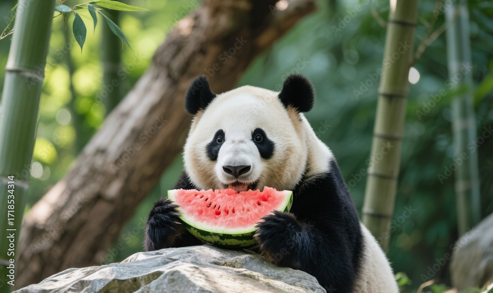 Fototapeta premium Panda joyfully devours a slice of juicy watermelon