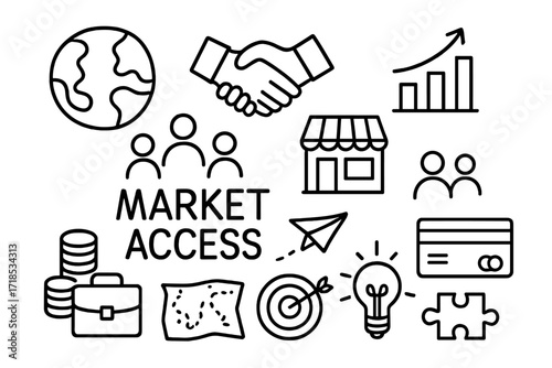 Market Access Doodle Icons. Hand-drawn doodle illustration Market access globe, handshake, arrow upward, bar chart, coins, briefcase, store, people icons,
