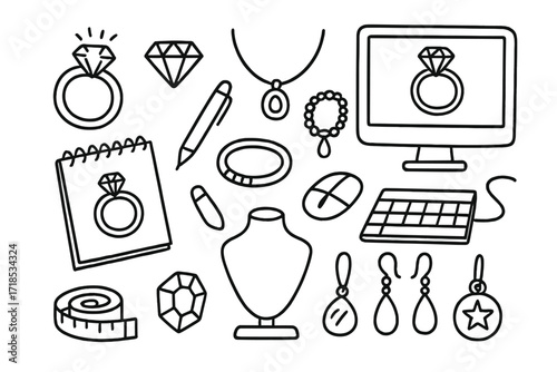 Jewelry Design Doodles. Hand-drawn doodle illustration Custom jewelry design [ring, diamond, necklace, bracelet, sketchbook, pen, 3D model, computer screen,