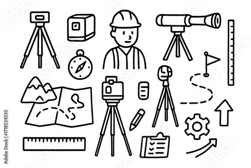 Surveyor's Tool Doodles. Hand-drawn doodle illustration Surveyor leveling tools [tripod, laser level, telescope level, compass, map, ruler, clipboard, pencil,