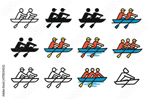 Rowing Team Logo Set. Set Logo of Athletes Warming Up: Rowing team warm-up. Logo set in vector style, emblematic variations. line, bold thick line, solid black