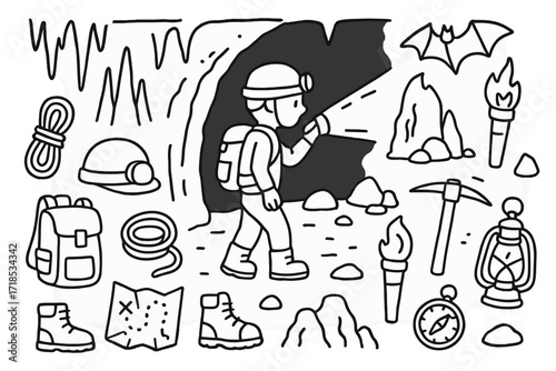 Cave Exploration Icons. Exploring a dark cave. Hand-drawn doodle illustration exploring a dark cave flashlight, helmet, rope, torch, rocks, stalactites,