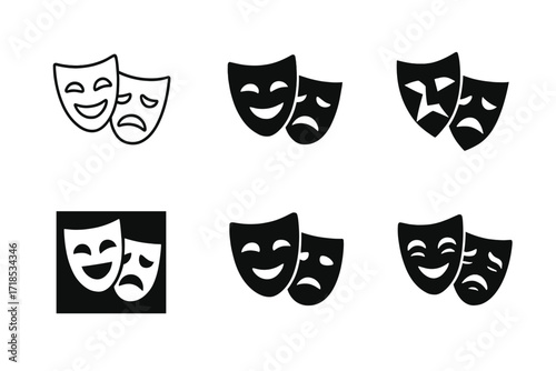 Theater Mask Logos. Theater. Set Logo of Theater: Comedy and tragedy masks. harmonious logo variations of the same emblematic concept, each with different