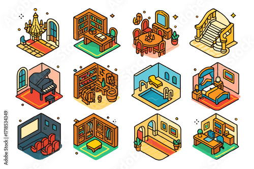 Grand Estate Icons. Colorful isometric vector icons set of interior spaces in grand estates: chandelier foyer, library with shelves, vintage dining room,