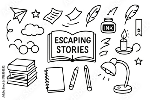Literary Escape Adventure. Hand-drawn doodle illustration Escaping stories Book, flying pages, quill, feather, ink bottle, bookmark, paper airplane, glasses,