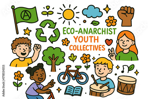 Eco Youth Doodle. Colorful Hand-drawn doodle Children illustration Eco-Anarchist Youth Collectives young people, green flag, recycling symbol, tree, flower,