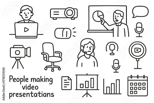 Office Presentation Doodles. Hand-drawn doodle illustration People making video presentations in a modern office laptop, projector, video camera, whiteboard,