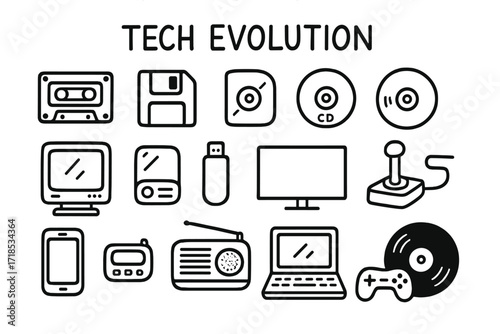 Tech Evolution Doodles. Hand-drawn doodle illustration Tech Evolution [cassette tape, floppy disk, CD, DVD, USB stick, CRT monitor, flat screen, joystick,