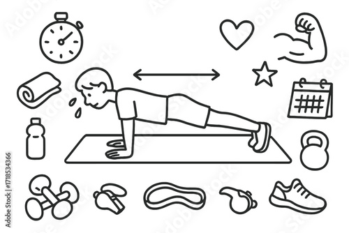 Push-Up Practice Doodle. Hand-drawn doodle illustration Proper push-up form practice person on yoga mat push-up pose, arrows showing straight back, stopwatch,