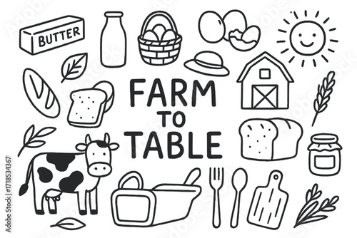Farm to Table Icons. Hand-drawn doodle illustration Farm to Table butter stick, milk bottle, basket, eggs, fresh bread, leaf, cow, farmer hat, sun, barn, tray,