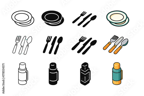Retro Outdoor Dining Icons. Icon Set of Retro outdoor dining: enamel plates, vintage cutlery, thermos flask. Icons set in vector style, emblematic variations.