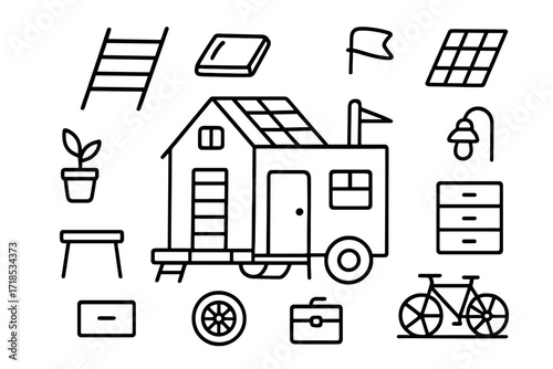 Tiny House Camper Doodle. Hand-drawn doodle illustration Tiny house on wheels camper icon, ladder, rooftop window, solar panel, small steps, tiny door, plant,