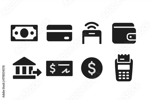 Payment Method Icons. Solid, filled icon set of market payment methods: cash, credit card, mobile payment, digital wallet, bank transfer, check, coin, payment