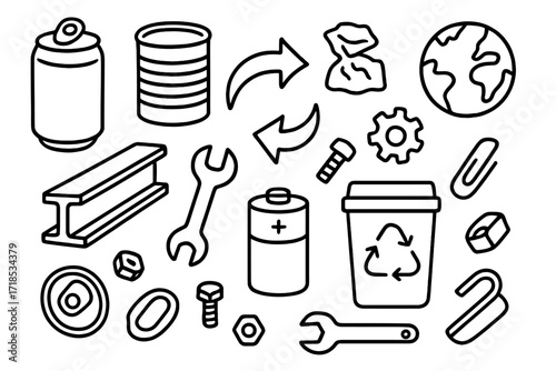 Metal Recycling Icons. Hand-drawn doodle illustration metal recycling aluminum can, tin can, crushed can, steel beam, wrench, screw, nut, recycling bin,